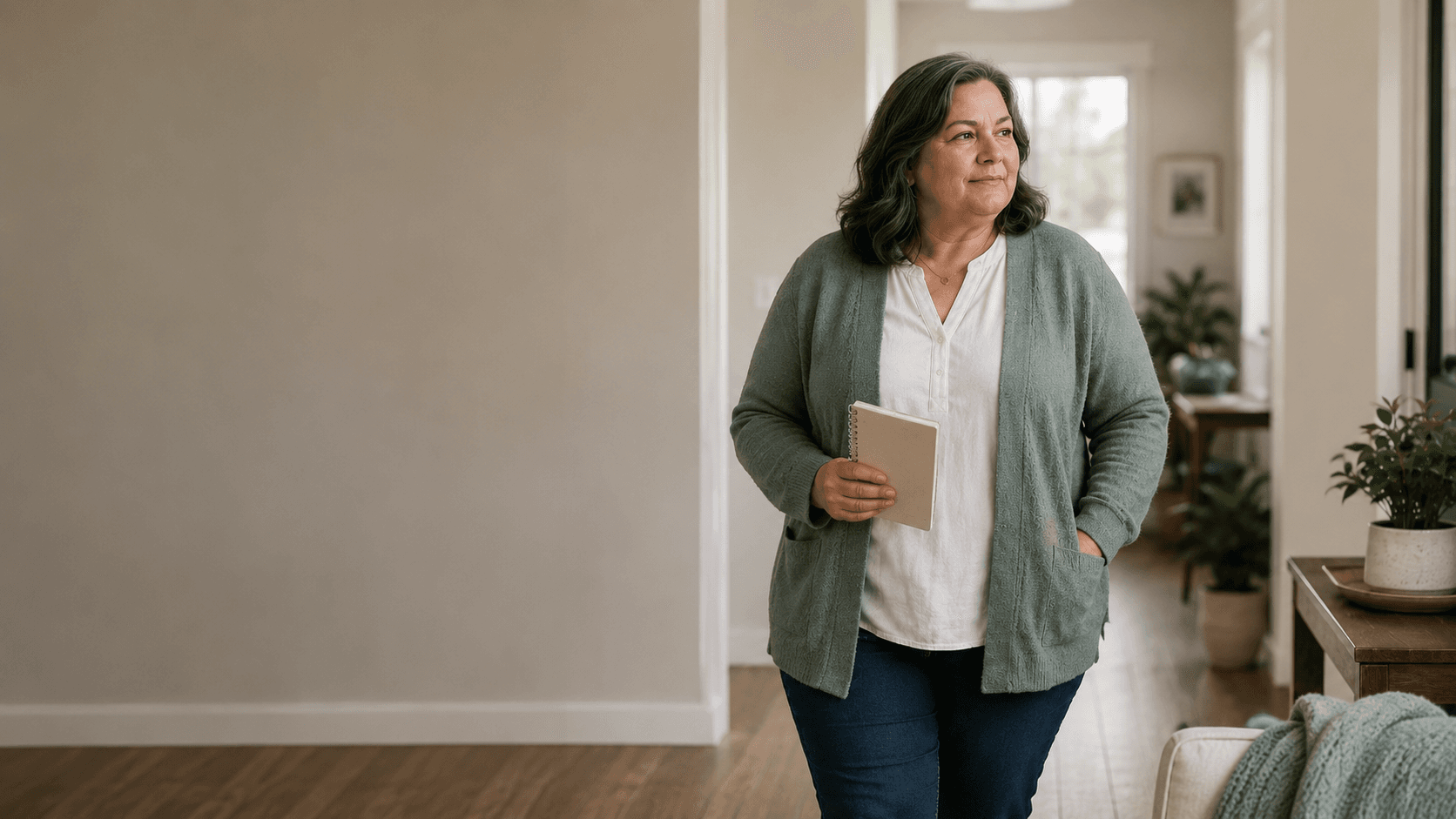 A woman standing calmly at home with a notebook, suggesting thoughtful support for change in daily life.