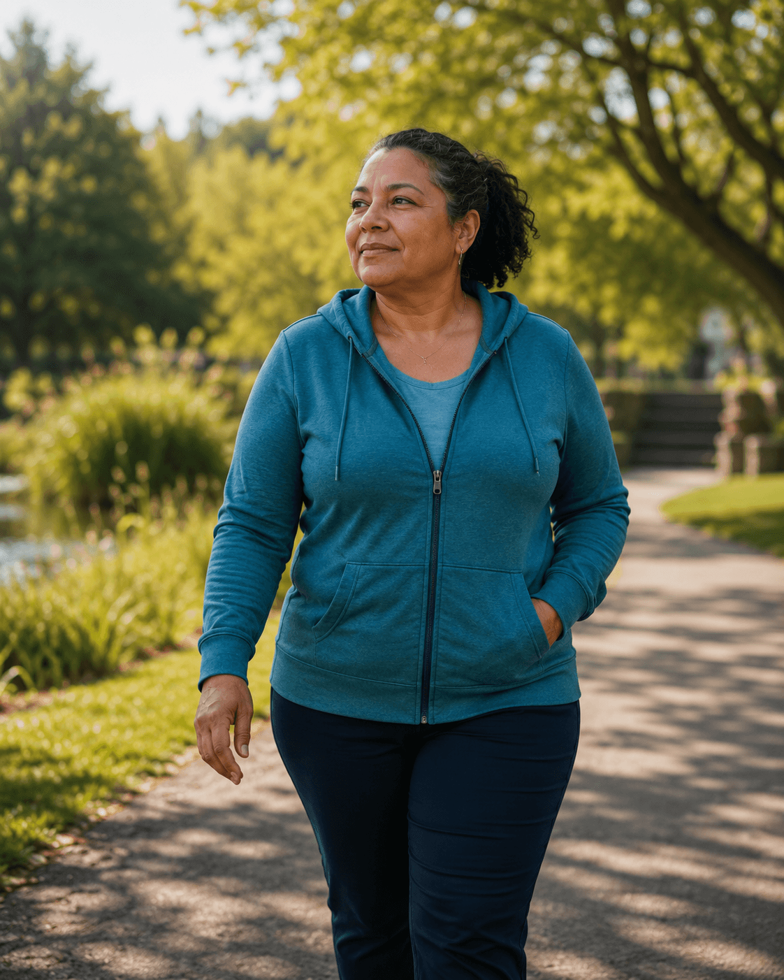 A woman walking outdoors in a park, representing active, sustainable lifestyle change.