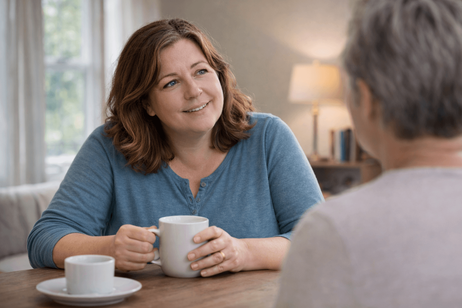 Two adults in a warm conversation, suggesting psychology-led support for emotional eating and change.